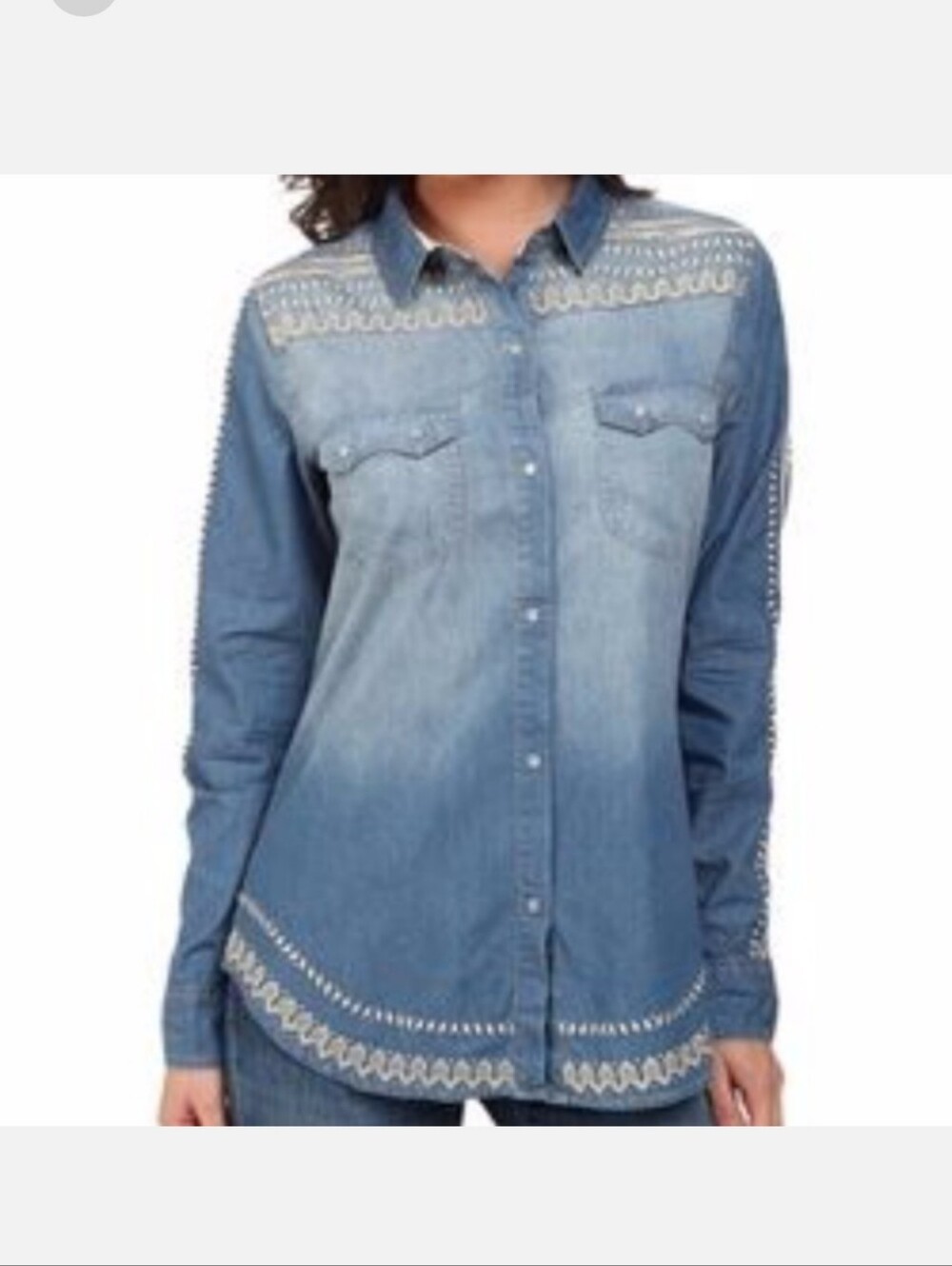 Tasha Polizzi Cibola Denim Embroidered Snap Front Top Sz Large